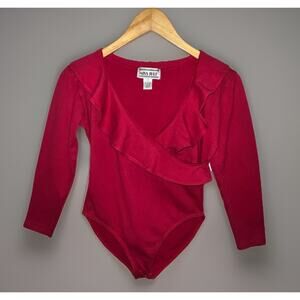 Vtg Miss Juli Bodysuit Top Surplice Leotard Red Long Sleeve Ruffled Collar -Sz M